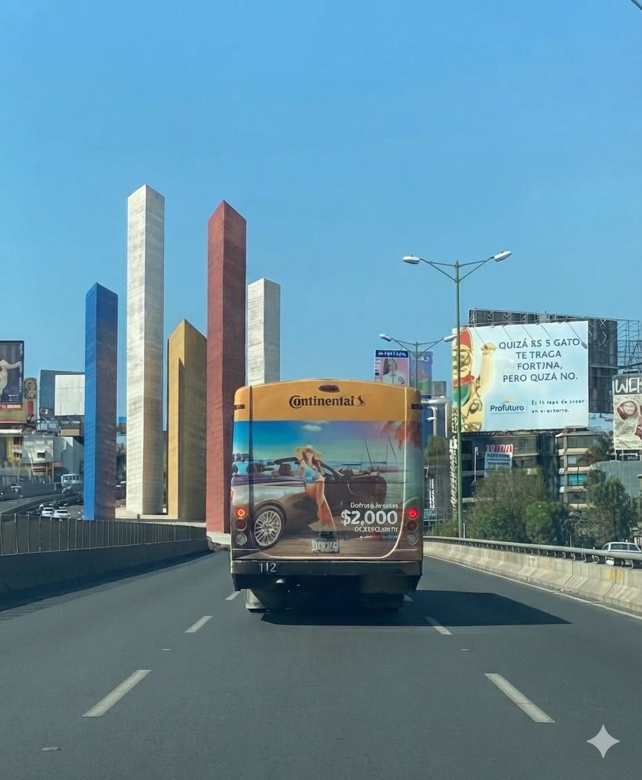 Camión con la campaña de Continental circulando frente a las Torres de Satélite
